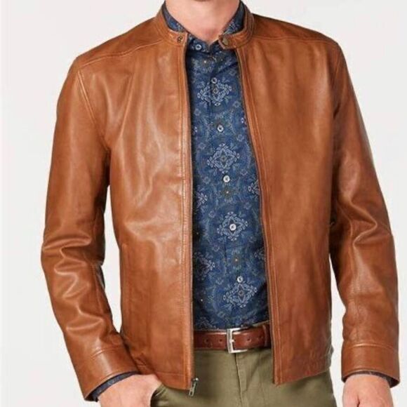Tasso Elba Other - Tasso Elba chestnut brown leather moto jacket Sz M
